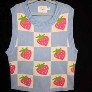 Luna Ivy Strawberry Checkers Knit Top Girl's Size S